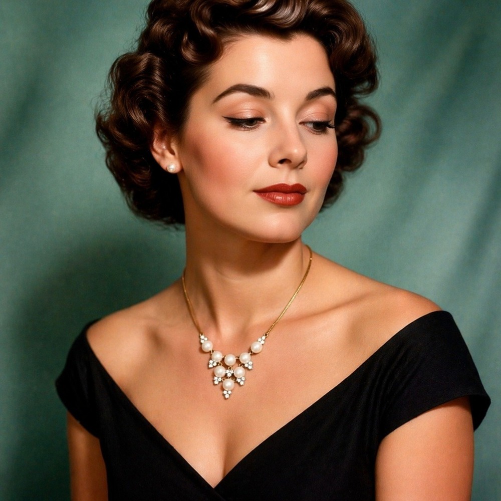 Vintage Monet Faux Pearl Rhinestone Gold Tone Bib Statement Necklace‎ Wedding